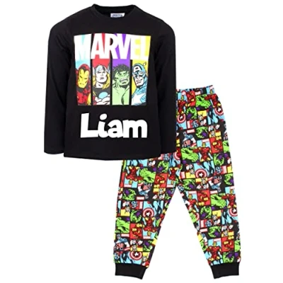 Image of Marvel Personalised Kids Pyjamas Black Long Sleeve With Superheroes 100% Cotton Sleepwear Official Merchandise 4/5 Years