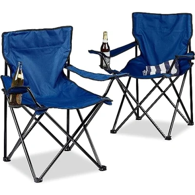 Image of MantraRaj Set Of 2 Camping Folding Chairs Patio Outdoor Portable Garden Chair Fishing Lounger Seat With Cup Holder Beach Ideal For Camping, Fishing, Parties, Caravan Trips, BBQ (Blue Chair)