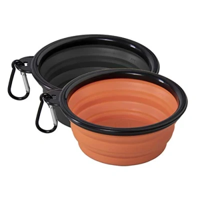 Image of RAC Pet Dog Advanced Silicone Collapsible Travel Foldable Food Bowl Water 2 Pack, Orange and Black