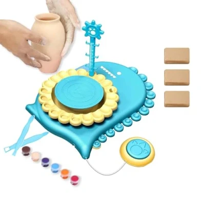 Image of Coo11 Pottery Wheel for Kids, Dinosaur Studio, Station Beginner, Kit with Foot Pedal, Electric Ceramic Machine Tool Set, DIY Arts and Crafts Toys Kids Blue
