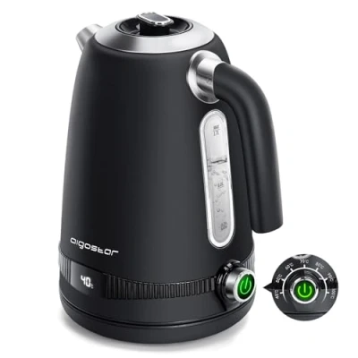 Image of Aigostar Electric Kettle with Variable Temperature (40C 100C), 1.7L Digital Keep Warm, Fast Boil Smart Eco Kettle, Dry Protection, Stainless Steel, 2200W, Black Loki