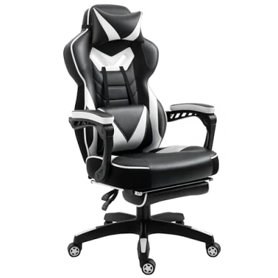 Image of Vinsetto Computer Gaming Chair, Racing Desk Chair with Lumbar Support and Footrest, PU Leather Gamer Headrest Swivel Wheels for Home, White