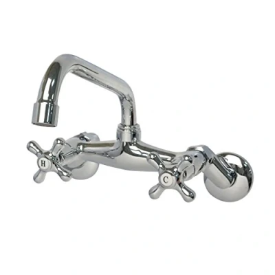 Image of Wall Mounted Kitchen Tap,Victorian Retro Sink Mixer Faucet,Double Cross Handle Chrome,PHASAT HN82