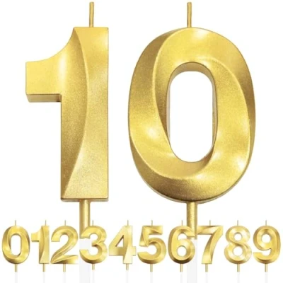 Image of 10th Birthday Candle, 3D Design Gold Glitter Number Candles, Cake Topper Decorations, Candle for Party, Wedding Anniversary, Baby Shower, Party Decoration