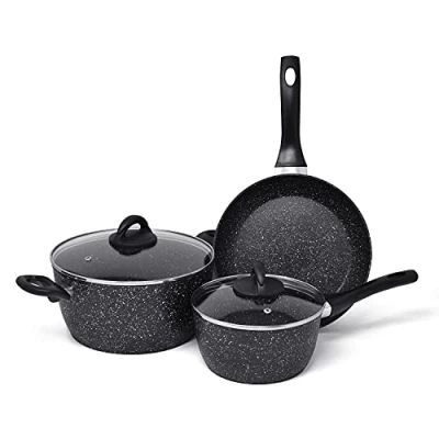 Image of Joeji&#039;s Kitchen Set of 3 Induction Frying Pan with Cool Touch Handle Aluminium Non Stick Glass Lids Multipurpose for Boiling or Sautéing Healthier Meals Less Oil