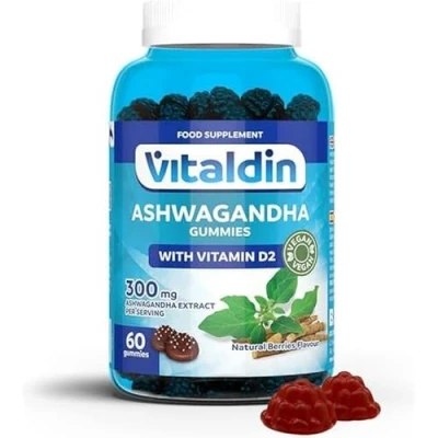 Image of VITALDIN Ashwagandha Gummies 300 mg Root Extract KSM 66 &amp; 1.000 IU Vitamin D2 60 Chewable (1 Month Supply) Berries Flavour Anti Stress adaptogen; Calm and Relaxation Vegan