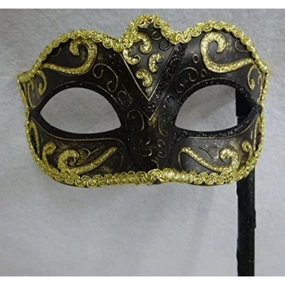 Image of VENETIAN MASQUERADE PARTY EYE MASK ON A STICK BLACK BRONZE &amp; GOLD