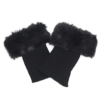 Image of EHOTER 1 Pair Women Boot Cuff Cover Winter Leg Ankle Warmers Socks Crochet Knitted with Faux Rabbit Fur Short (Black)
