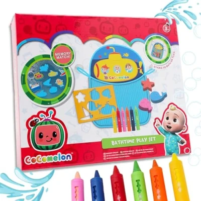 Image of Toyland® Cocomelon Bathtime Playset Featuring Memory Match Game &amp; Crayon Stencil Set Bath Toys Suitable ages 3+