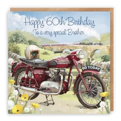 Image of Hunts England Large 60th Brother Motorbike Birthday Card Happy To A Very Special Classic Motorcycle Stunning Artistic Milo&#039;s 210 x mm