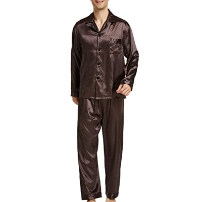Image of Men&#039;s Pyjama Set, Satin Sleepwear, Long Sleeves, Loungewear, brown, XXL