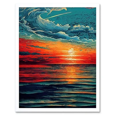 Image of Artery8 Seascape Scarlet Sunrise Fiery Horizon Clouds Art Print Framed Poster Wall Decor 12x16 inch