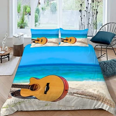Image of Guitar Beach Bedding set 3 pieces Duvet Cover Double for Kids Children Teens Adults 3D Printed Summer Seascape Soft Microfiber Comforter with Zipper 1 Quilt + 2 Pillowcases