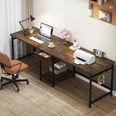 Image of Tribesigns 79 Inch Extra Long Desk, Double Desk with 2 Drawers, Two Person Computer Storage Shelves, Writing Table Study for Home Office, Rustic Brown