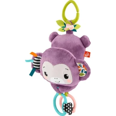 Image of Fisher Price Baby Stroller Toy Sing &amp; Go Purple Monkey Musical Sensory Plush with Crinkle Clackers for Newborns from Birth+, JBG94