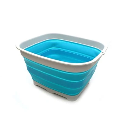 Image of SAMMART 15L Collapsible Dishpan with Draining Plug Foldable Washing Basin Portable Dish Tub Space Saving Kitchen Storage Tray (Bright Blue)
