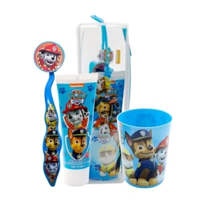 Image of Paw Patrol Toothbrush Set Contains with Soft Bristle and Protection Cap, Strawberry Flavour Toothpaste, Multi Purpose Beaker Pouch, Dental Kit for Children Aged 3+