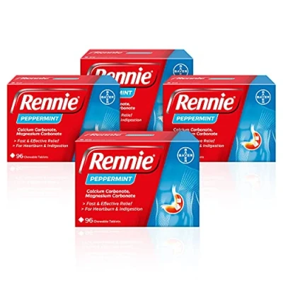 Image of Rennie Antacids, Peppermint Flavour Heartburn Relief and Indigestion Tablets, Fast Effective for Acid Reflux, 4 Packs of 96 (384 total)