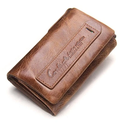Image of Contacts Genuine Leather Key Holder case with Keyring,Keychain Zipper Slim Purse,Mens Trifold Wallet Card Coin Organizer(Brown)