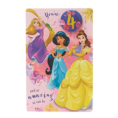 Image of UK Greetings, 673280 Disney Princesses 4th Birthday Greetings Card with Badge
