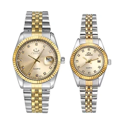 Image of JewelryWe His and Her Matching Couple Watches Gold Silver Tone Quartz Calendar Watch,2PCS