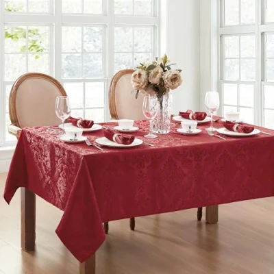 Image of Elrene Damask Tablecloth, Polyester, Red, 60&quot; x 84&quot; Oblong/Rectangle