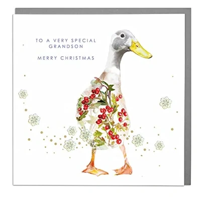 Image of Special Grandson Indian Runner Duck Wildlife Christmas Card with Grey Envelope by Lola Design