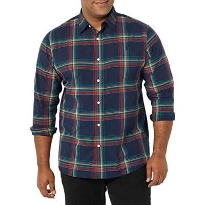 Image of Amazon Essentials Men&#039;s Long Sleeved Slim Fit Stretch Poplin Shirt, Navy Red Teal Blue Plaid, XS