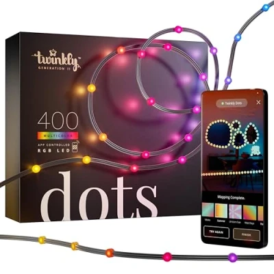 Image of Twinkly Dots 20m, Flexible RGB LED Strip, in and Outdoor, Compatible with Alexa Google Home, IP44, 16 M+ Colors, App Control, Black Wire, 400 Lights