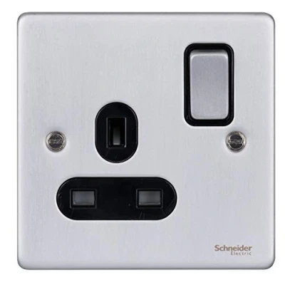 Image of Schneider Electric Ultimate Low Profile Single Switched Power Socket, 13A, GU3510BBC, Brushed Chrome with Black Insert