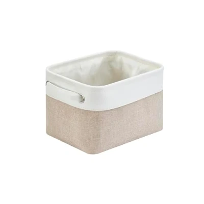 Image of Mangata Small Canvas Storage Box, Fabric Basket with Handles for Cupboards, Shelves, Clothes, Toys (Foldable, Light Khaki White)
