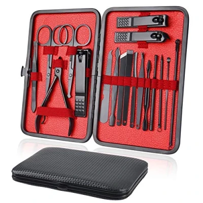 Image of URAQT Professional Manicure Set, 18 pcs Portable Nail Clippers Pedicure Set &amp; Eyebrow Grooming Kit, Stainless Steel Care Tools with Luxurious Leather Case