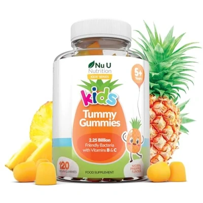 Image of Kids Tummy Gummies (Age 5+) Probiotics for Children 120 Vegan Natural Pineapple Flavour with Lactobacillus and Bifidobacterium &amp; Vitamin B3, B5,B6 C Nu U Nutrition