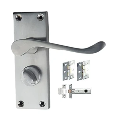 Image of Golden Grace Victorian Scroll Satin Brushed Chrome Door Handle Bathroom Privacy Pack 120mm + 3&quot; Hinges &amp; 63mm Latch
