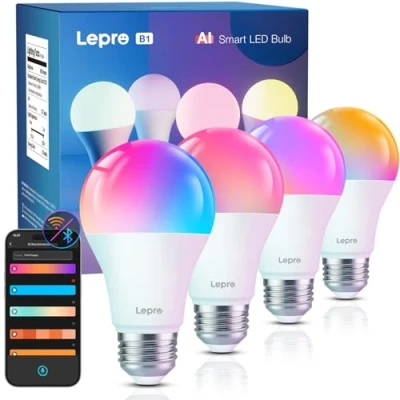 Image of Lepro B1 AI Smart Bulb E27, Music Sync Screw Bulb, LLM Generated Lighting, Voice Control, Bluetooth &amp; WiFi Colour Changing Bulbs, Work with Alexa Google Assistant, 4 Packs