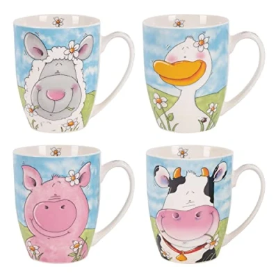 Image of YöL Set Of 4 Mugs Farm Animals Porcelain Mug Coffee Tea Cup Multicolour 11oz Pink Blue Home Kitchen Colourful
