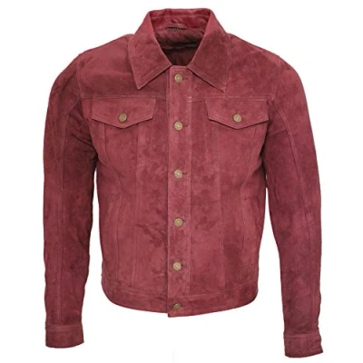 Image of Infinity Men&#039;s Trucker Casual Burgundy Goat Suede Leather Shirt Jeans Jacket XL
