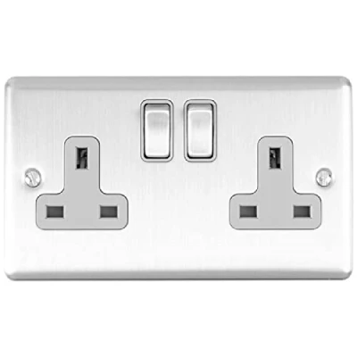 Image of Enhance Decorative 2 Gang Socket Satin Stainless Finish With Grey Trim