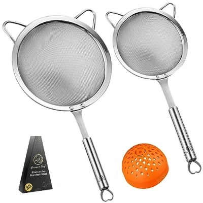 Image of Stainless Steel Strainer Set 1 Large Pasta + Small Extra Fine Mesh Silicone Can Rice Strainer,Flour Sifter for Baking Strainers Kitchen w/Sturdy Handle (SS)