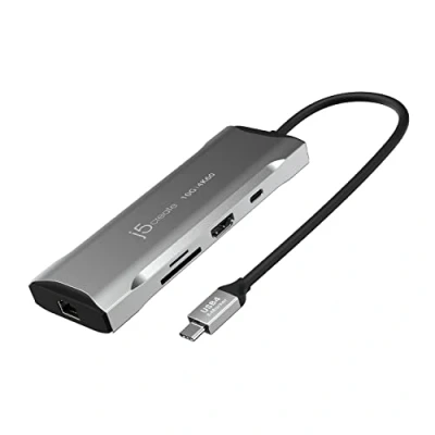 Image of j5create USB C Hub 4K 60Hz HDMI, 10Gbps, 2 A 100W PD with 5Gbps, Ethernet, SD 4.0 card reader for MacBook, XPS, Surface Pro (JCD393)