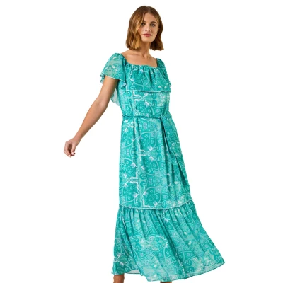 Image of Roman Originals Women Off Shoulder Dress Ladies Bardot Cold Paisley Print Tiered Maxi Spring Everyday Summer Evening Vacation Work Holiday Smart Casual Teal Size 10