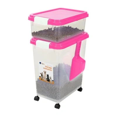 Image of Taylor &amp; Brown 3 Piece Airtight Pet Food Storage Container With Plastic Measuring Scoop Treats For Dog Cat Animal Dry Dispenser Casters, Pink