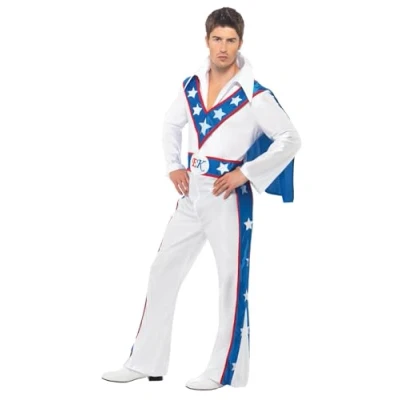 Image of Smiffys Evel Knievel Costume in White for Adults, All One Jumpsuit with Attached Cape, Officially Licensed, Iconic Belt Detail and Flared Bottoms, Perfect Fancy Dress Music Events