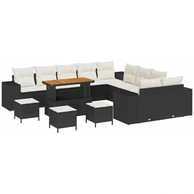 Image of vidaXL 14 Piece Garden Sofa Set with Cushions Black Poly Rattan Acacia