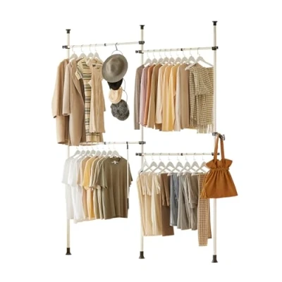 Image of SoBuy KLS03, Adjustable Wardrobe Organiser Clothes Shelf System Hanging Rail Telescopic Storage Shelving, White + Black