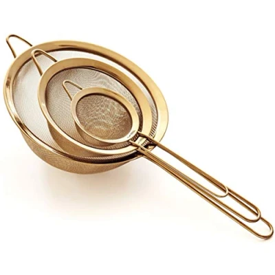 Image of Proto Future Sieve Set Premium Fine Mesh 304 Stainless Steel (18/8) 8.5/14/20cm Sturdy Kitchen Sieves and Strainers (Gold)