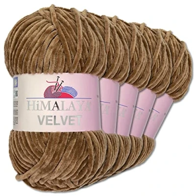 Image of Wohnkult Himalaya 5 x 100 g Velvet Dolphin Wool 40 Colours to Choose From Chenille Knitting Yarn Shiny Fleece Accessory Clothing (90037 Brown)