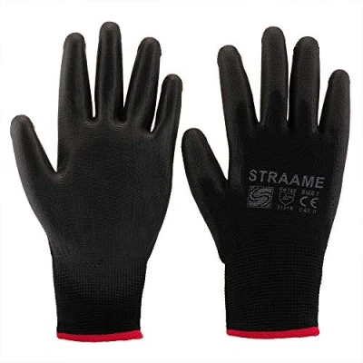 Image of Straame Pack of 12 or 24 Black Safety Work Gloves, Outdoors PU and Nylon Non Slip Handling Good Dexterity Protective Gloves (Large Size 9, Pairs)