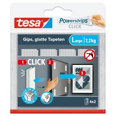 Image of tesa Powerstrips Click Self Adhesive Hook and Loop Strips with On &amp; Off System for Attachment of Picture Frames Wall Decorations Without Drilling Large 4 x 2 Pieces