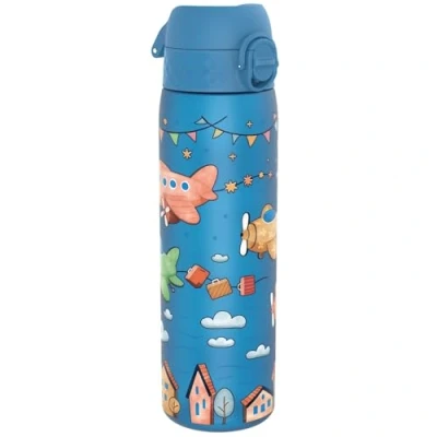 Image of Ion8 500ml Water Bottle, BPA Free, Leakproof, Dishwasher Safe, Easy Open, Secure Lock, Clear Drinks Bottle for Boys &amp; Girls, Small Gym Sports Drinking 500ml, Blue, Airplanes Design